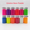 A set of 12 neon powder bottles in various colors arranged in a row for craft and art supplies.