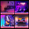 Three scenes showing a smart RGB floor lamp with music sync and app control used for bedroom, esports room, and viewing envir