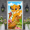 A vibrant lion cub illustration used as a door cover backdrop for children's parties