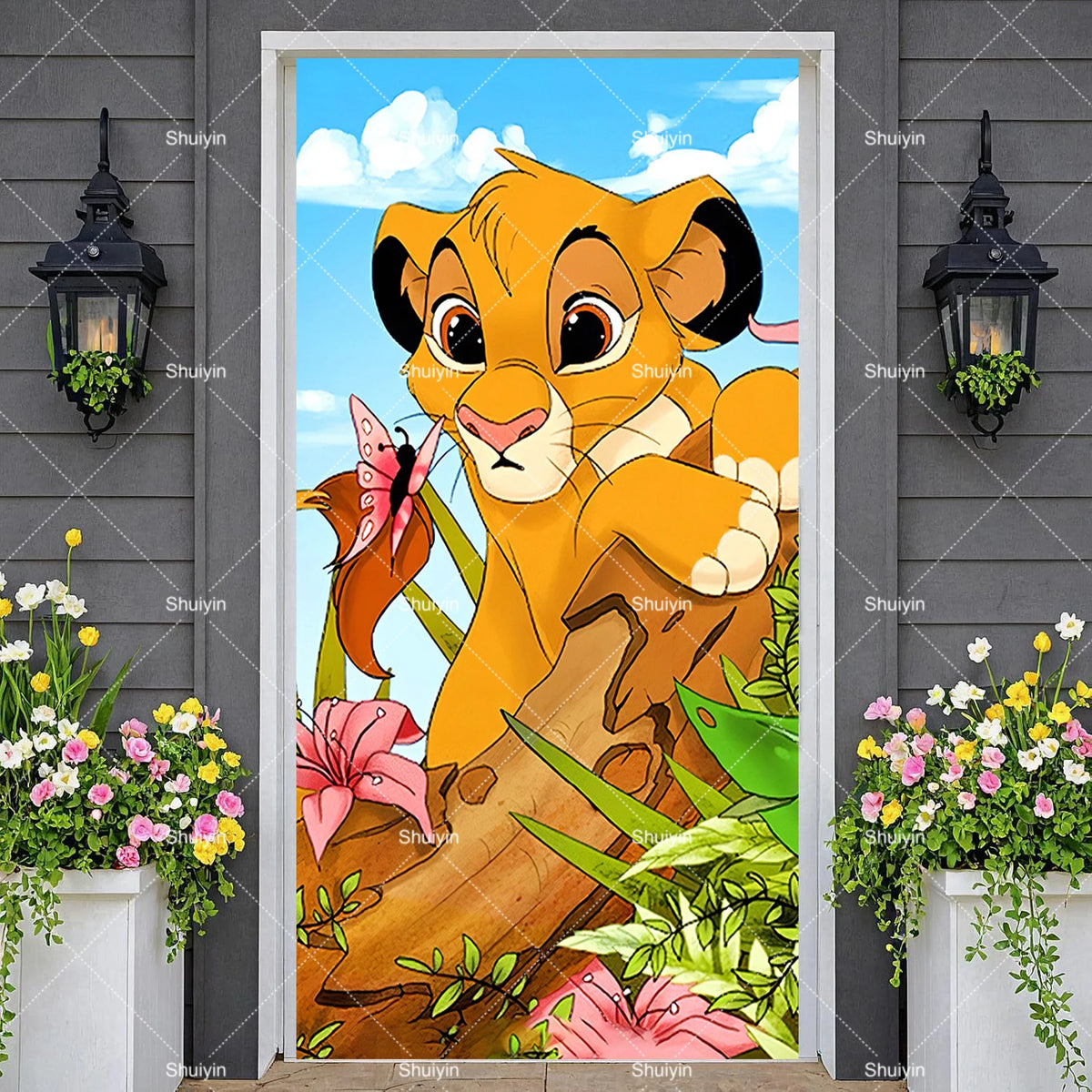 A vibrant lion cub illustration used as a door cover backdrop for children's parties