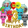 A set of colorful balloons featuring various cartoon characters and the number three for a birthday party theme