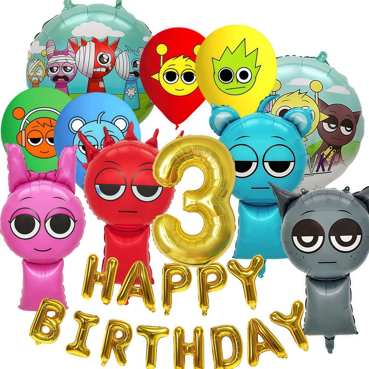 A set of colorful balloons featuring various cartoon characters and the number three for a birthday party theme
