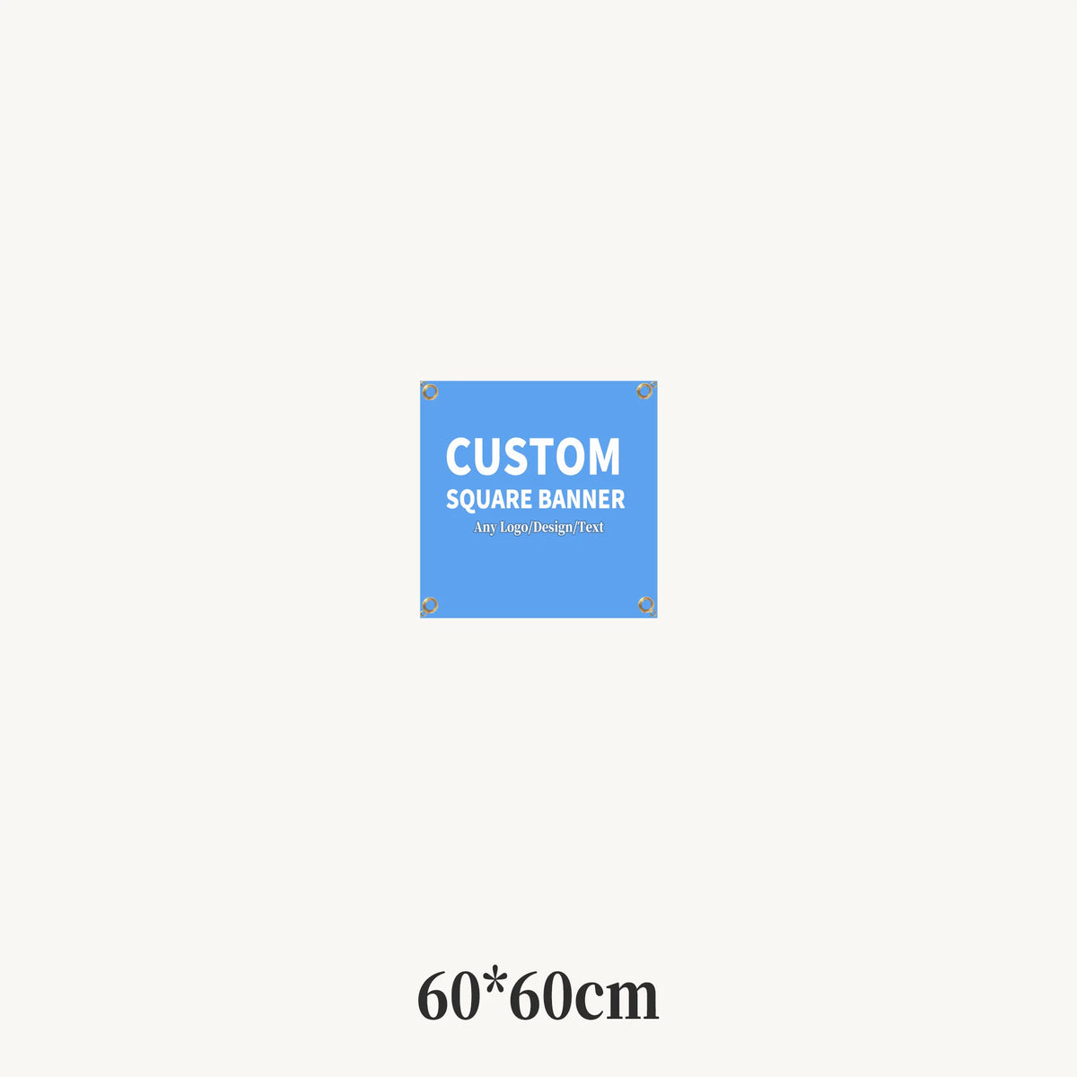 A blue square banner measuring 60x60cm for a custom party or event.