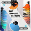 Two hanging methods for a wall mounted hat organiser rack showing various colored hats.