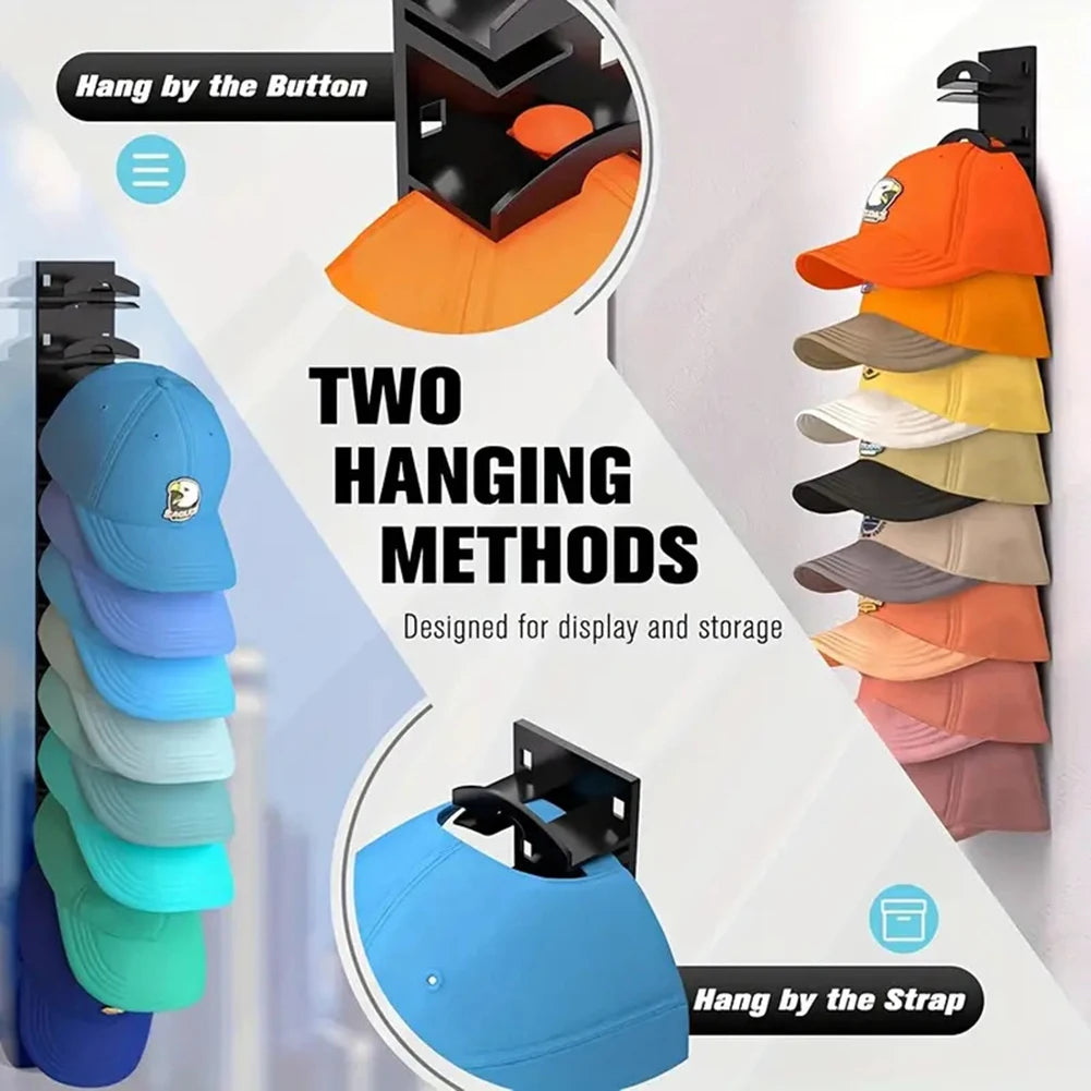 Two hanging methods for a wall mounted hat organiser rack showing various colored hats.
