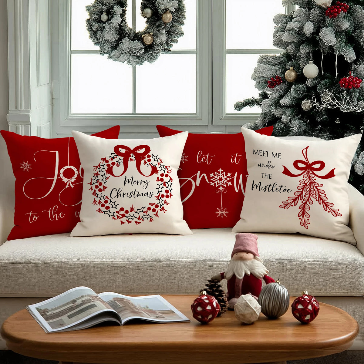 Red Christmas cushion covers featuring a wreath and bow design with a festive holiday theme