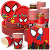 A red and black Spider-Man themed party tableware set including plates, cups, and napkins.