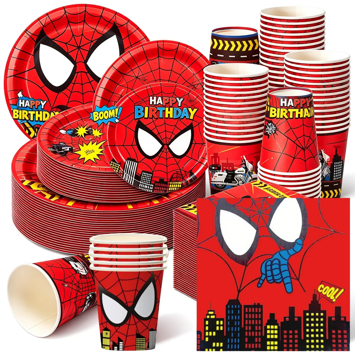 A red and black Spider-Man themed party tableware set including plates, cups, and napkins.