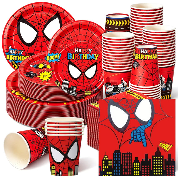 A red and black Spider-Man themed party tableware set including plates, cups, and napkins.