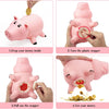 A pink cartoon piggy bank is shown in a four-step process for dropping and retrieving money.