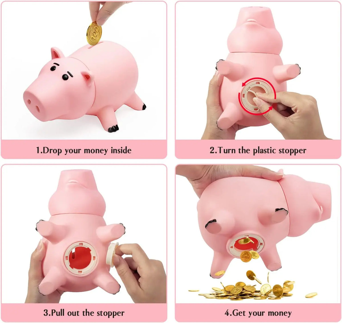 A pink cartoon piggy bank is shown in a four-step process for dropping and retrieving money.