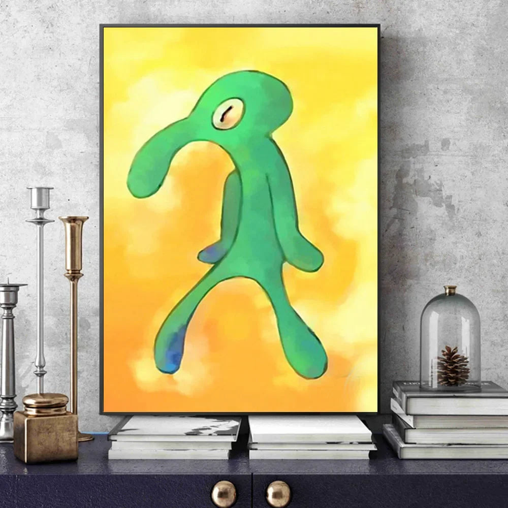 A vibrant yellow background features a bright green cartoon figure in an impressionist style on canvas.