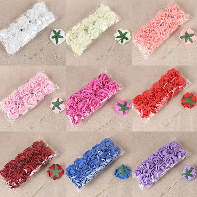A collection of foam rose stems in various shades of pink, red, purple, and blue for floral arrangements.