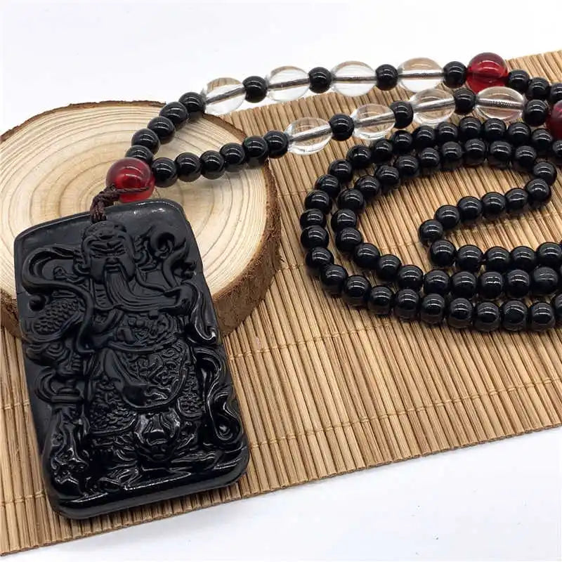 Amitabha Buddha Carved Obsidian Pendant Necklace