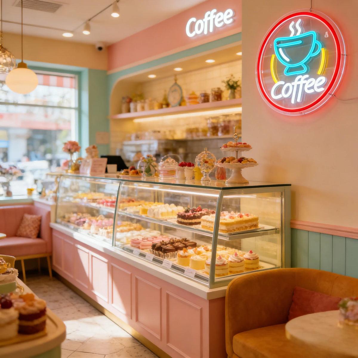 A modern coffee bar featuring a neon sign that reads Coffee above a display of pastries and drinks.