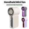 A beige handheld mini fan with a silver grille and purple accents is shown in multiple views.