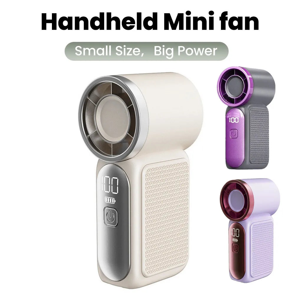 A beige handheld mini fan with a silver grille and purple accents is shown in multiple views.
