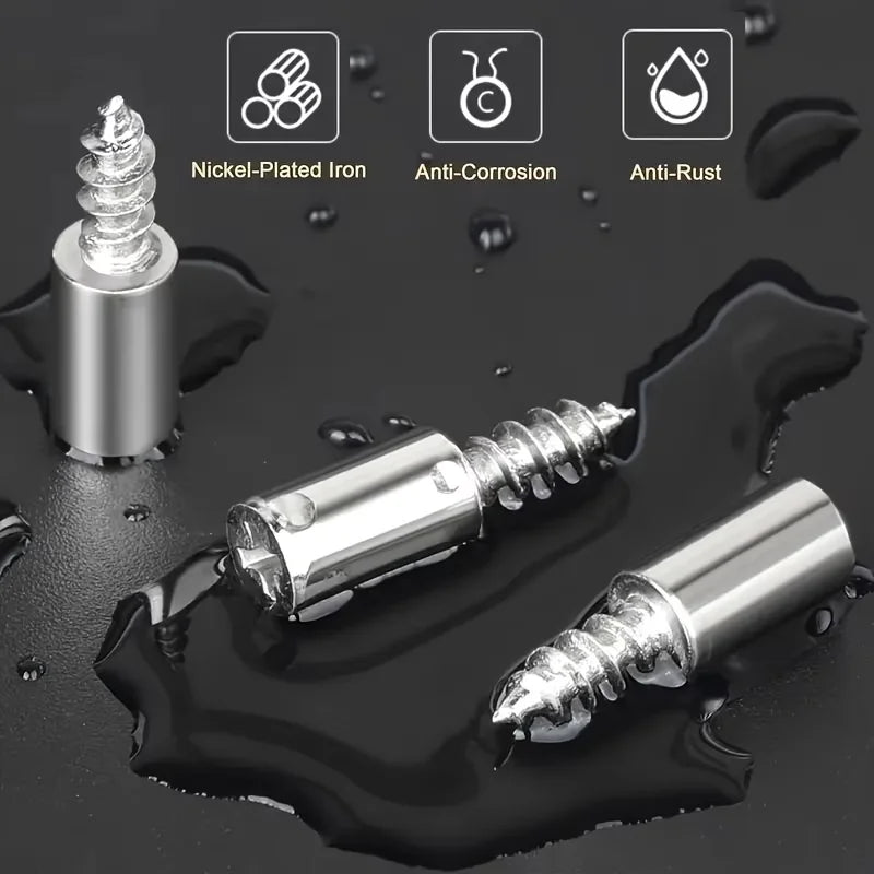 Silver nickel-plated iron shelf pins with self-tapping screws shown against a dark background
