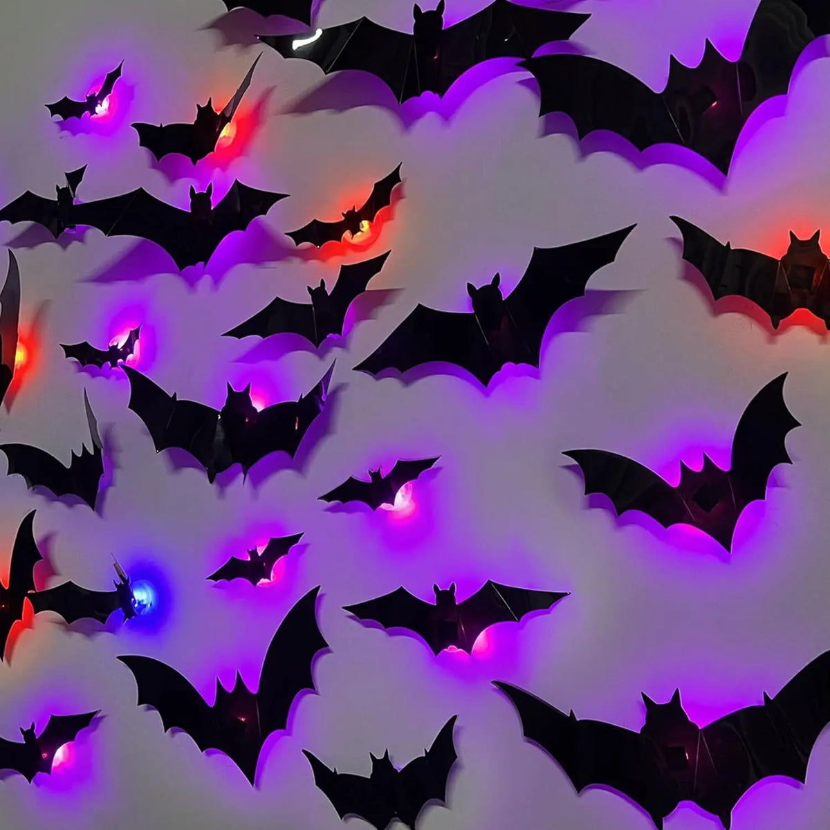 Linterna nocturna de murciélago y araña negra para pared, con siluetas que brillan en púrpura y rojo