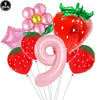 A set of nine pink and red strawberry balloons, including a large strawberry balloon and a number balloon.