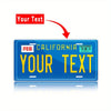 A blue metal sign with the text CALIFORNIA and a date, featuring a red arrow pointing to customizable text.