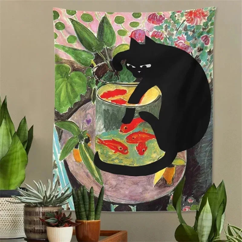 A tapestry featuring a black cat sitting on a bowl filled with goldfish, set against a floral background.