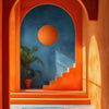 Interior view of an archway with orange walls and a blue arched window featuring a large orange circle and a potted palm plan