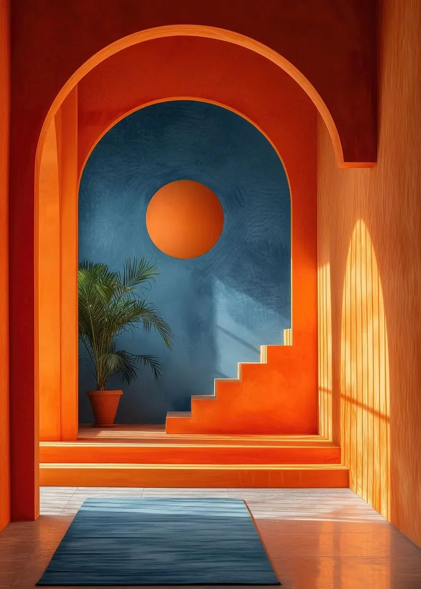 Interior view of an archway with orange walls and a blue arched window featuring a large orange circle and a potted palm plan