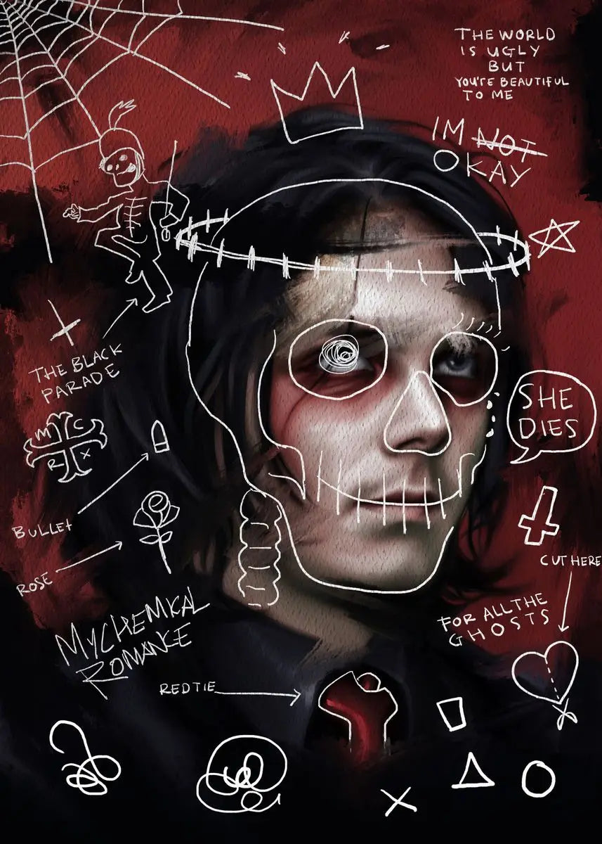 A dark, stylized portrait of a skull wearing a crown and a wreath, surrounded by gothic symbols and text.