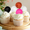 Présentation de petits cadeaux de fête western cowgirl avec des cupcakes, de glaçage blanc et des emporte-pièces colorés.