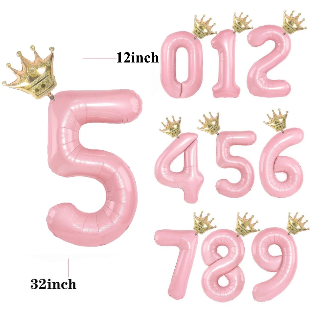 Pink aluminum foil crown number balloons in various sizes including 5, 0, 1, 2, 4, 5, 6, 7, 8, and 9.
