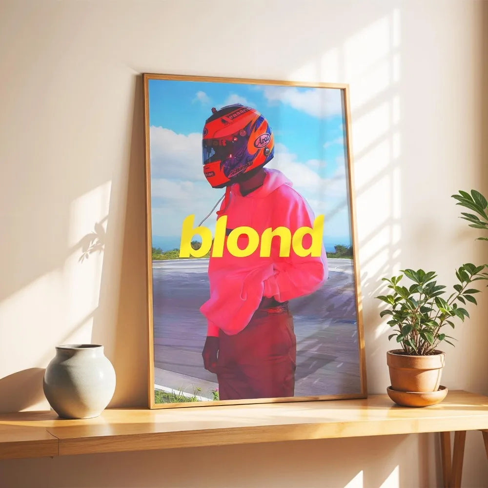 A canvas print featuring a person wearing a red helmet and pink shirt against a blue sky background.