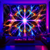 A vibrant fantasy glow-in-the-dark tapestry featuring a bright, starburst pattern on a dark background.