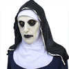 A scary nun latex mask with a black headscarf and white collar.