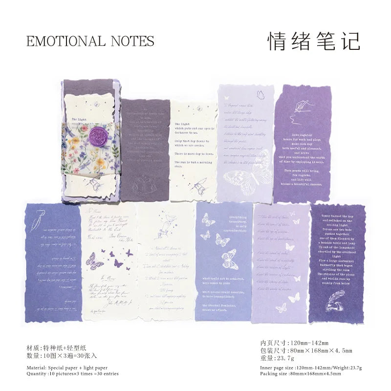 A set of emotional notes featuring vintage old English manuscript style paper in shades of purple and cream.