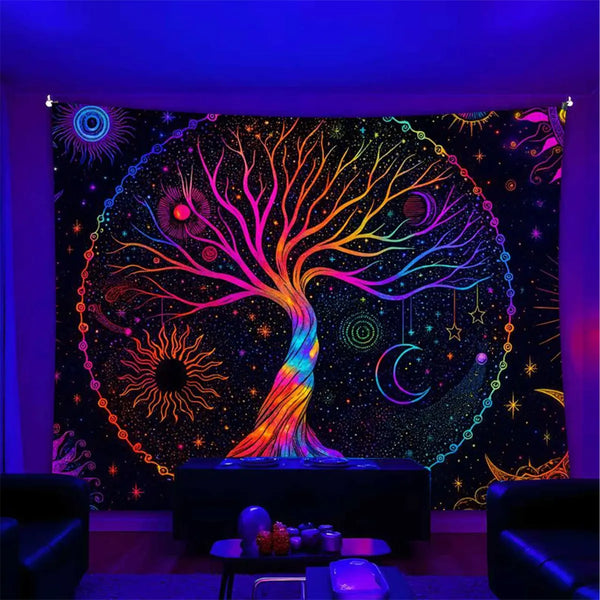 A vibrant tapestry depicting a tree of life with colorful roots against a starry night sky and celestial bodies.