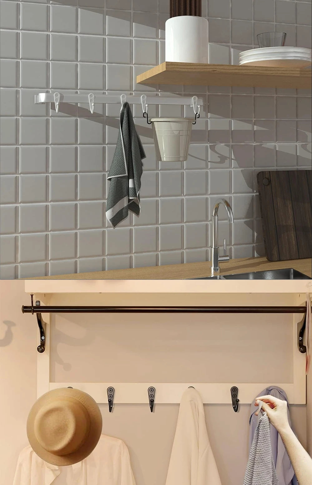 A kitchen wall featuring wooden shelves and metal hooks used for hanging coats, bags, and towels.