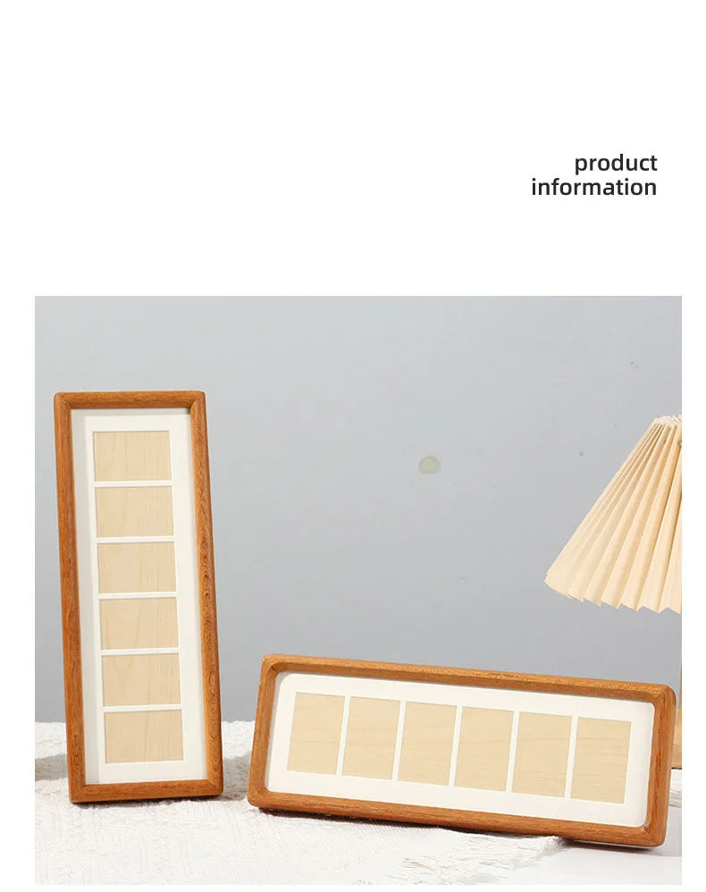 A rectangular wooden photo frame with a six-grid design is displayed on a white surface.