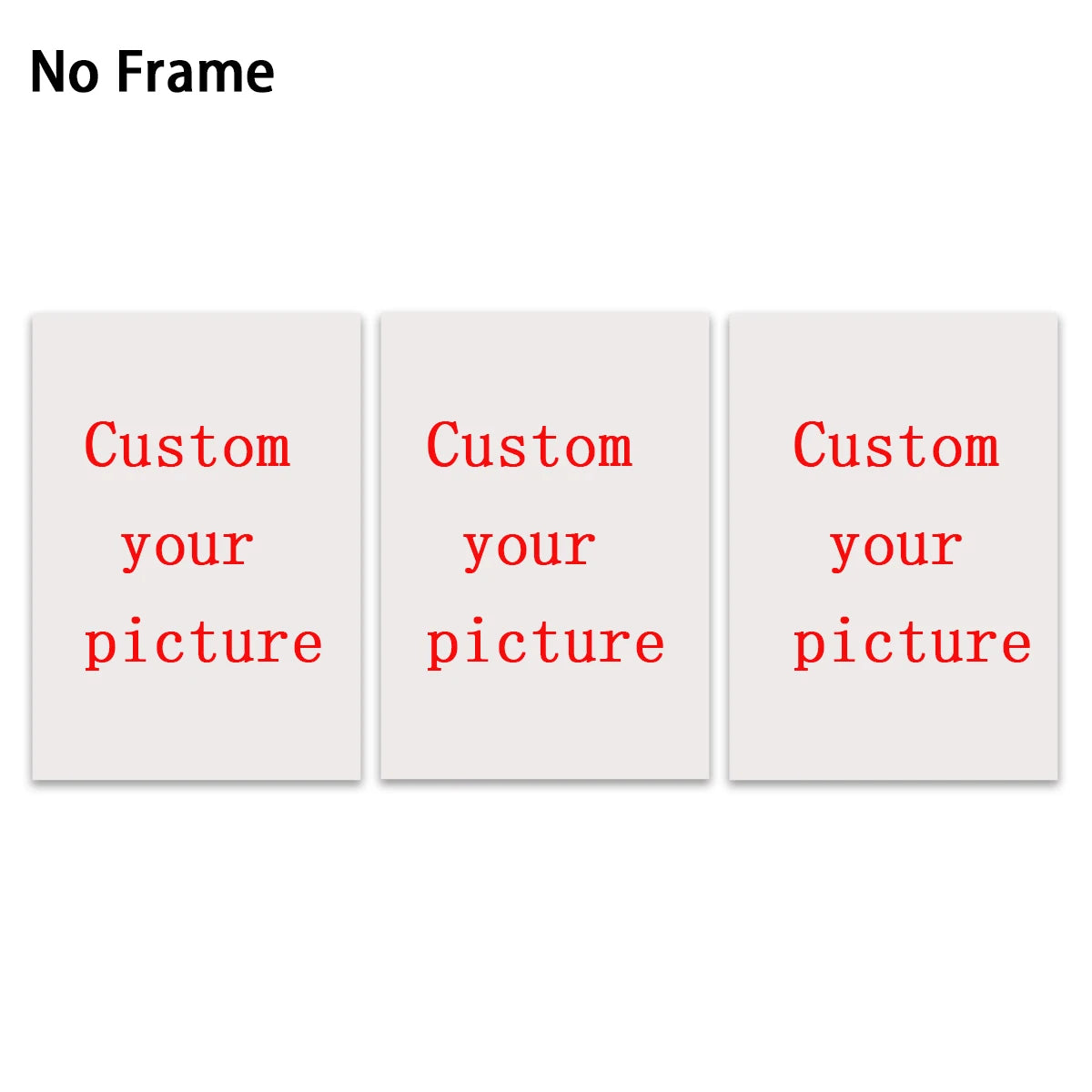 Three blank white frames labeled Custom your picture for personalized frameless canvas wall art