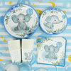 A set of cartoon elephant disposable party tableware including plates and cups on a striped blue background.