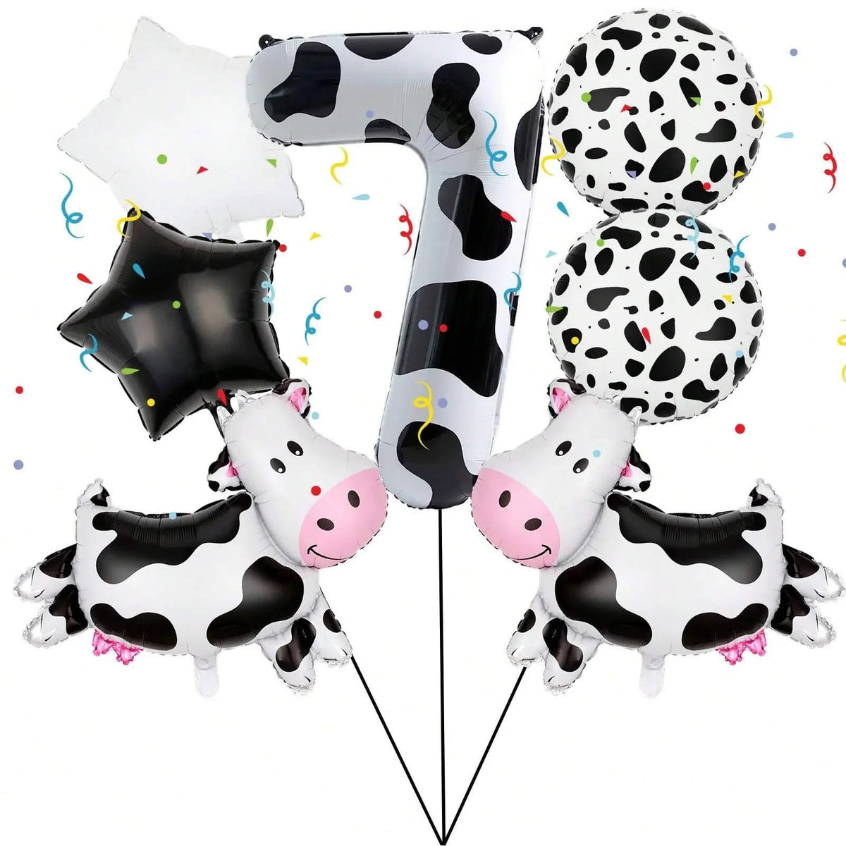 A set of cow print balloons shaped like the number 7 and various other cow-themed shapes for a party.