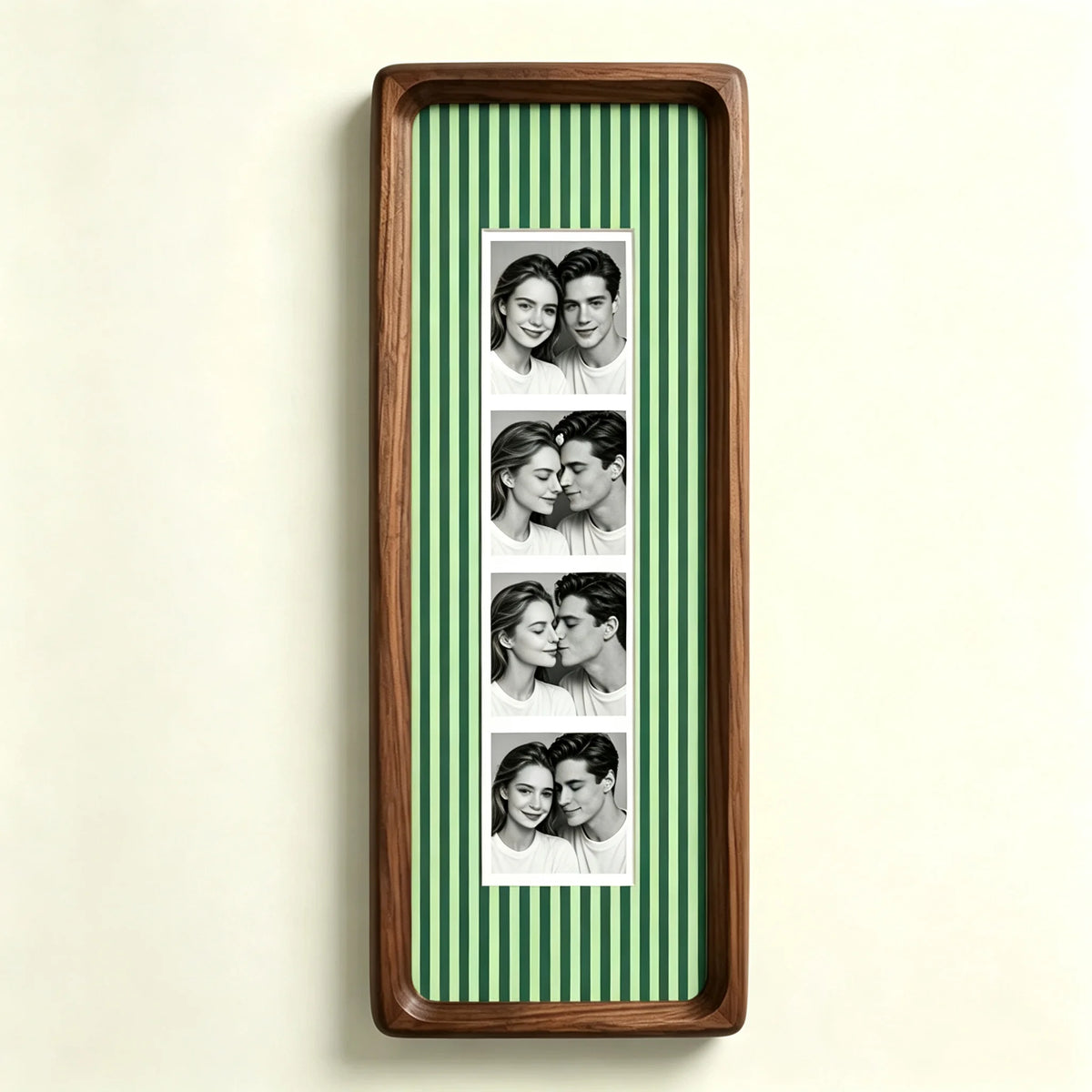 A vertical photo strip frame with a walnut wood border and green and white vertical stripes, displaying several portrait phot