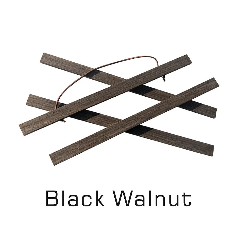 A magnetic wooden poster hanger with a teak finish, featuring an 'X' shaped design.