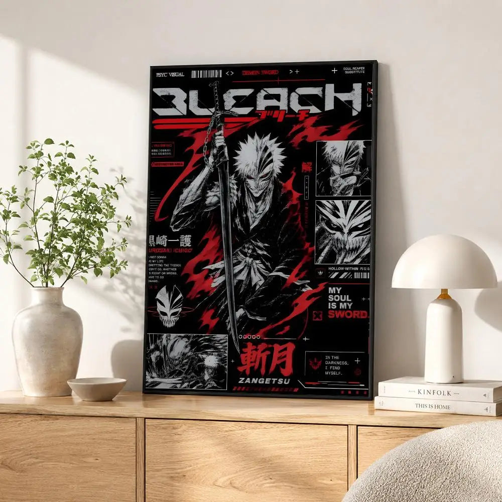 A vertical poster featuring the title Bleach with a dark, intense design and a figure wielding a sword.