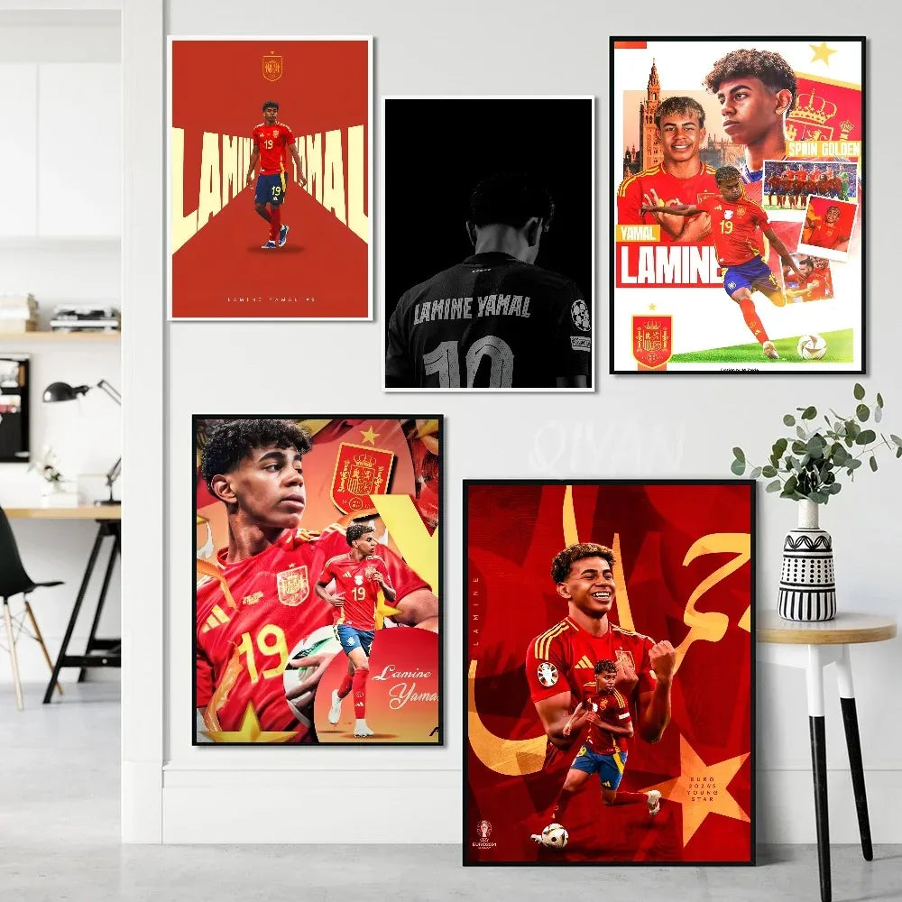 A collection of football star canvas wall art featuring Lamine Yamal and other players in vibrant colors.