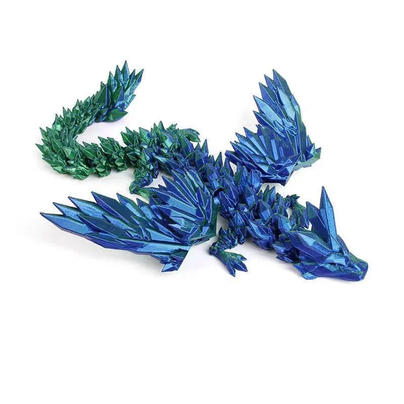 A set of three 3D printed magic dragon desktop ornaments in iridescent blue and green.