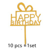 A gold acrylic happy birthday topper with a bow on a stick, sold as a set of 10.