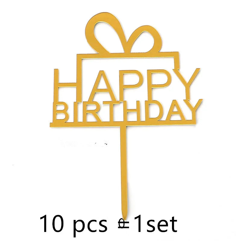 A gold acrylic happy birthday topper with a bow on a stick, sold as a set of 10.