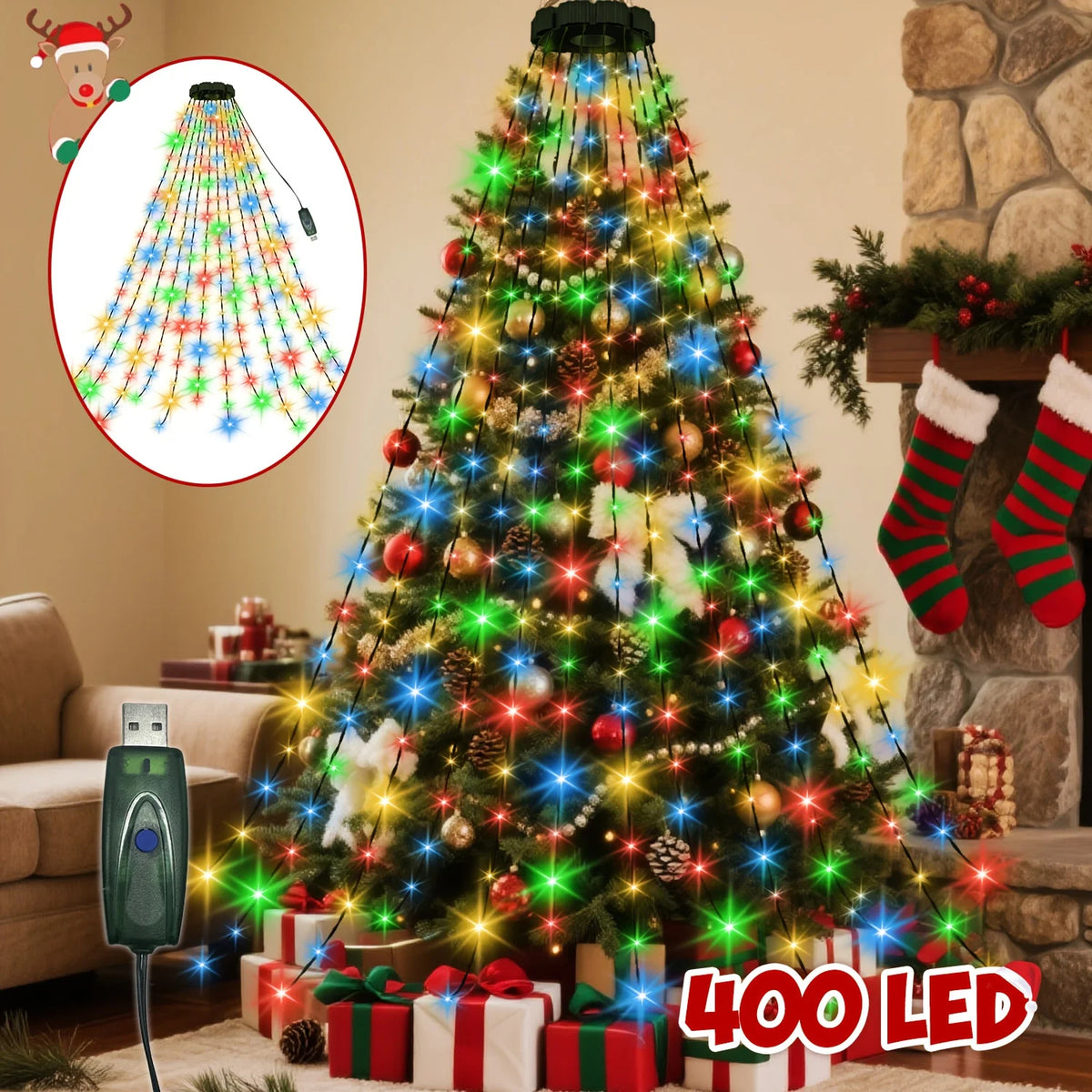 USB-Powered Waterfall Christmas Tree Lights with Remote