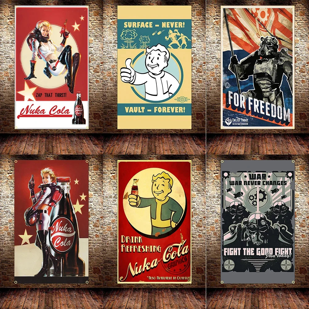 A collage of vintage and modern graphics featuring Nuka Cola branding, including a superhero, a muscular figure, and patrioti